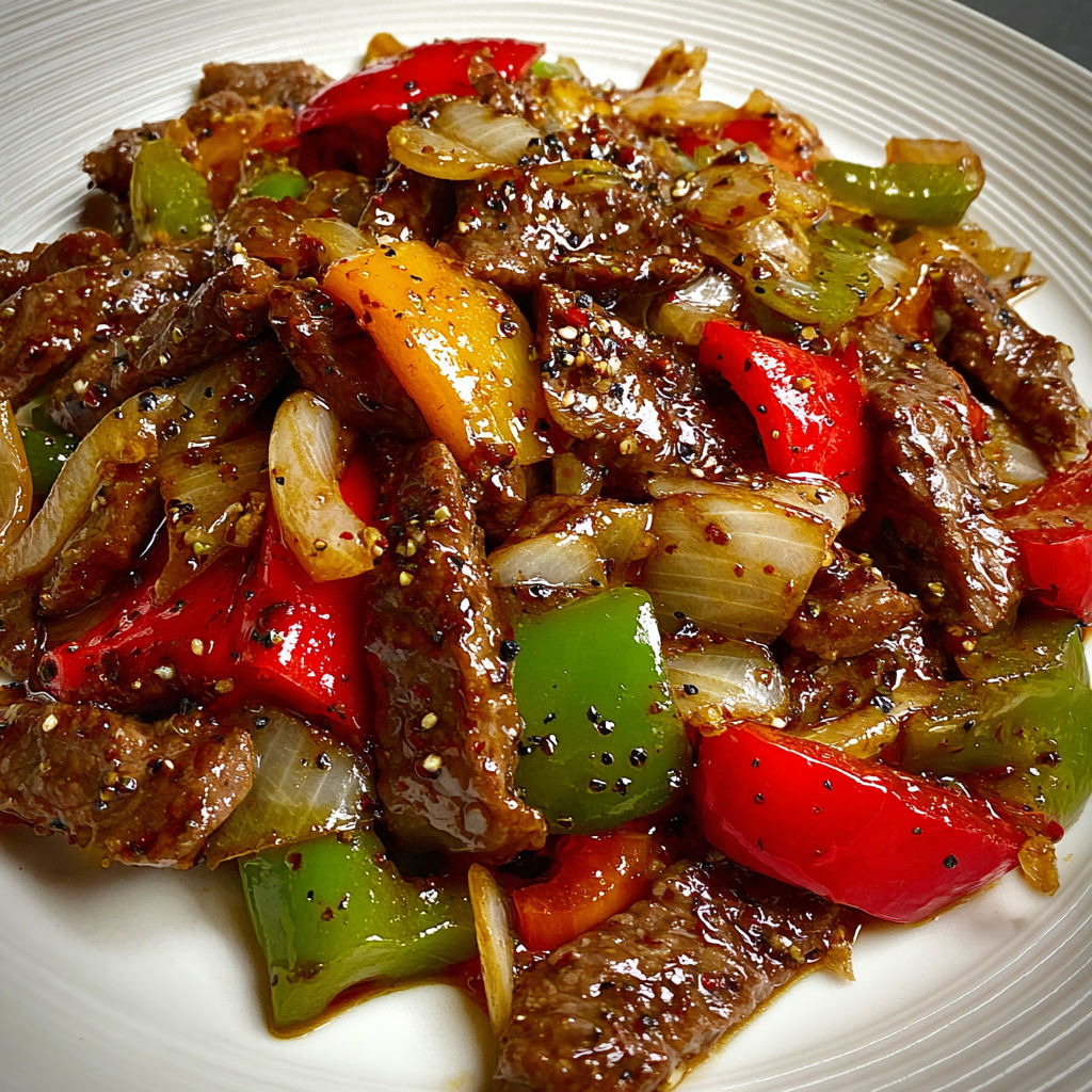 A plate of beef stir fry with peppers and onions, served with a side of rice.