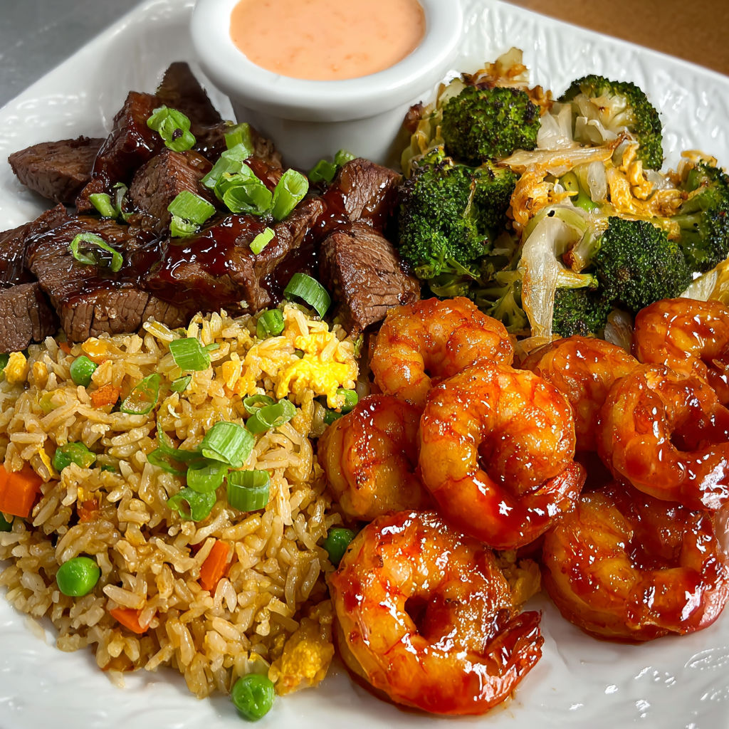 A plate of Asian cuisine, including shrimp, rice, and broccoli, is presented on a dining table.