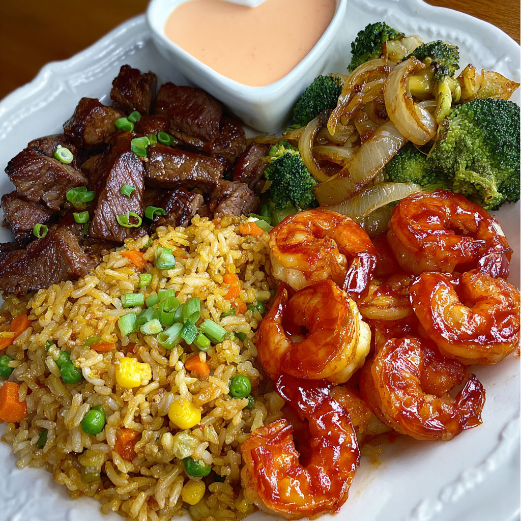 A plate of food with shrimp, rice, broccoli, and onions.