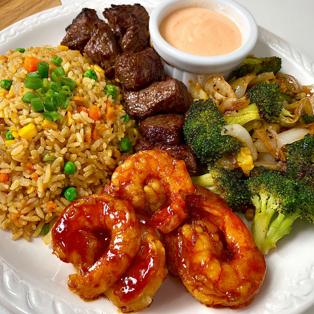 A plate of food with shrimp, rice, and broccoli, along with a dipping sauce.