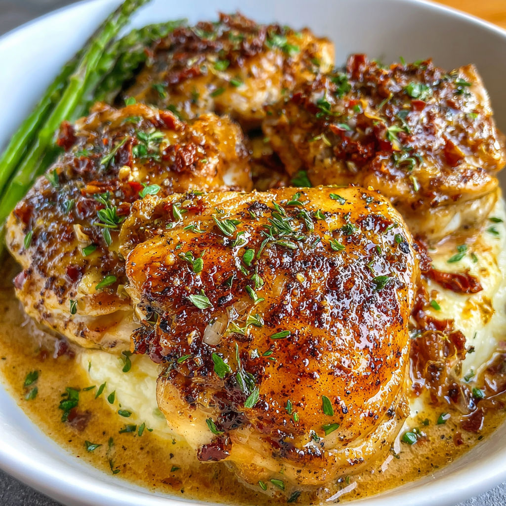 A delicious meal of chicken thighs with a side of mashed potatoes and asparagus.