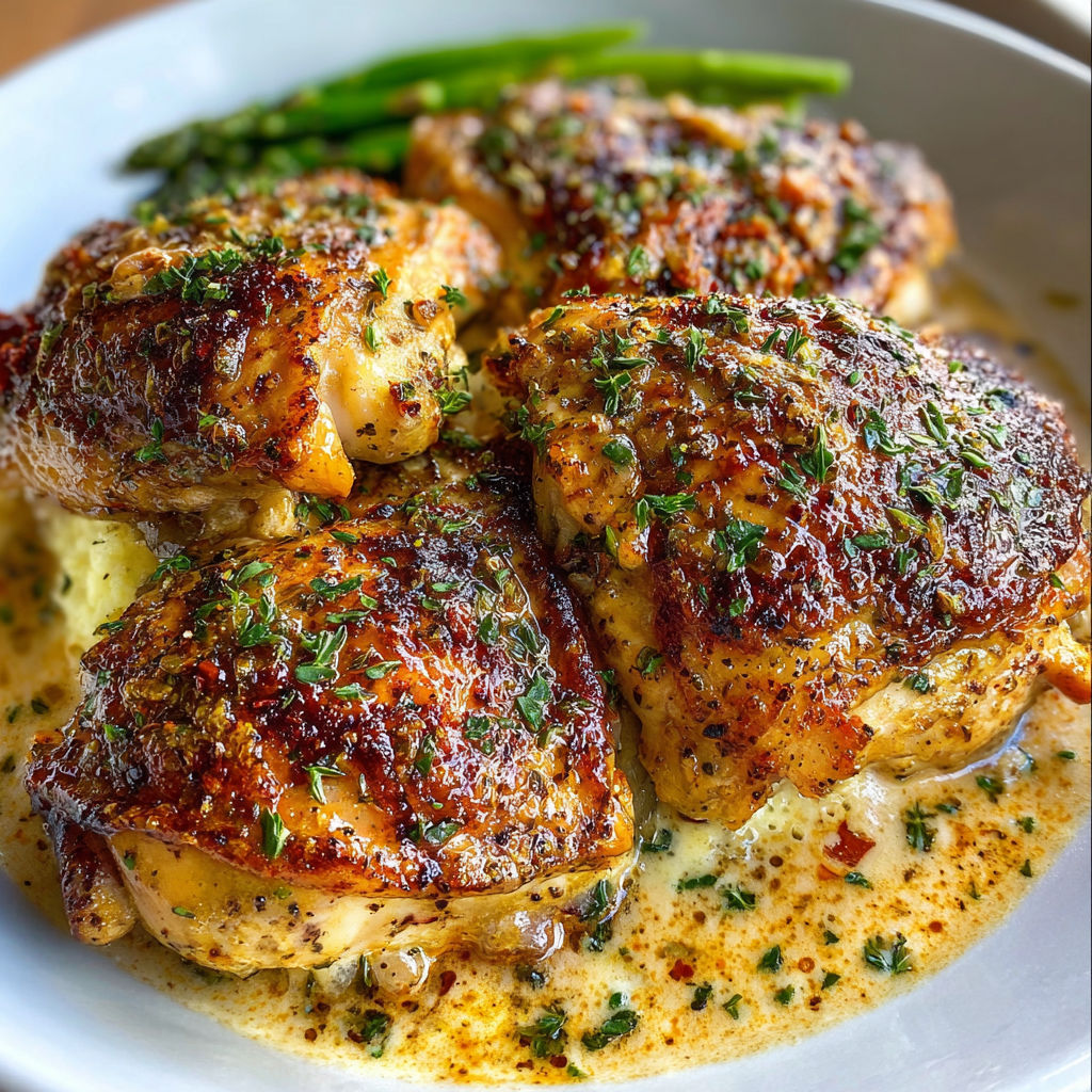A plate of chicken with a creamy sauce and green herbs on top.