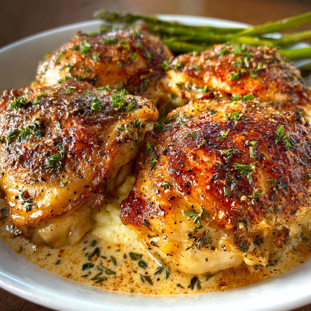 A plate of chicken with a side of mashed potatoes and asparagus.