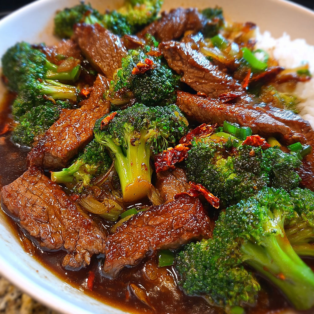 A bowl of beef and broccoli stir fry, a popular Chinese dish.