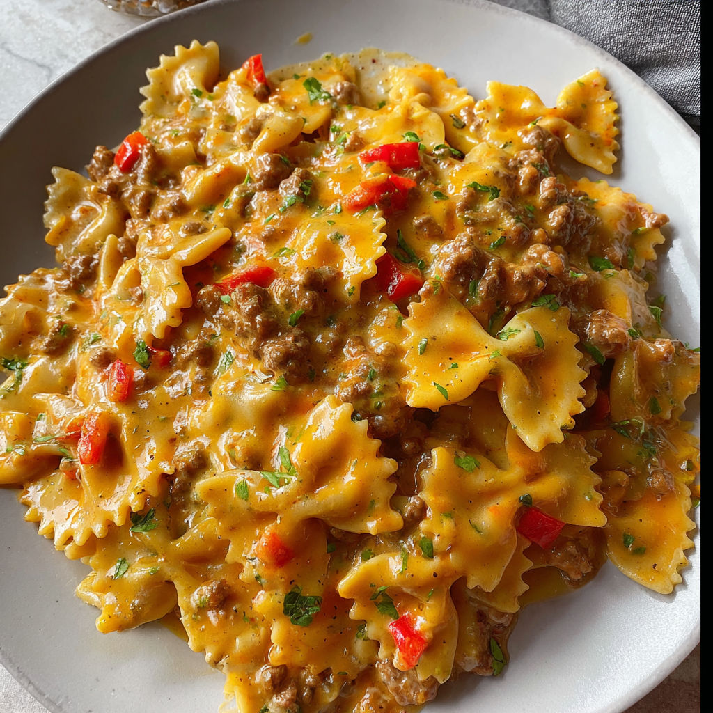 A plate of pasta with meat and vegetables, including peppers and tomatoes, is served on a dining table.