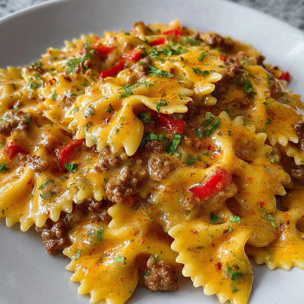 A plate of pasta with meat and vegetables on top, possibly a dish called "Penne alla Bolognese.