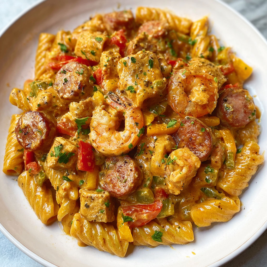 A plate of shrimp and pasta with a spicy sauce.