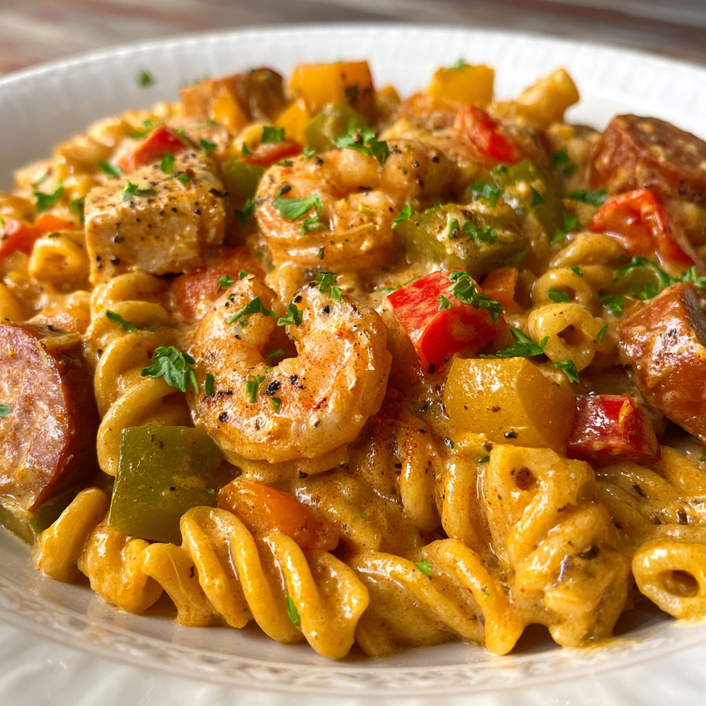 A plate of shrimp and pasta with a variety of vegetables.