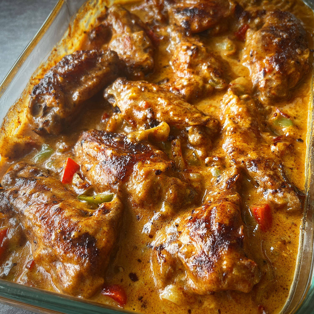 A dish of smothered chicken wings in a glass dish.