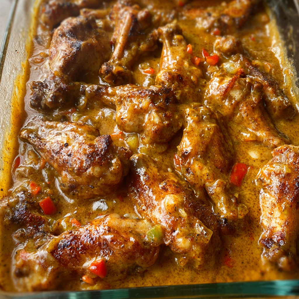 A pan of smothered chicken wings with a thick, rich sauce.