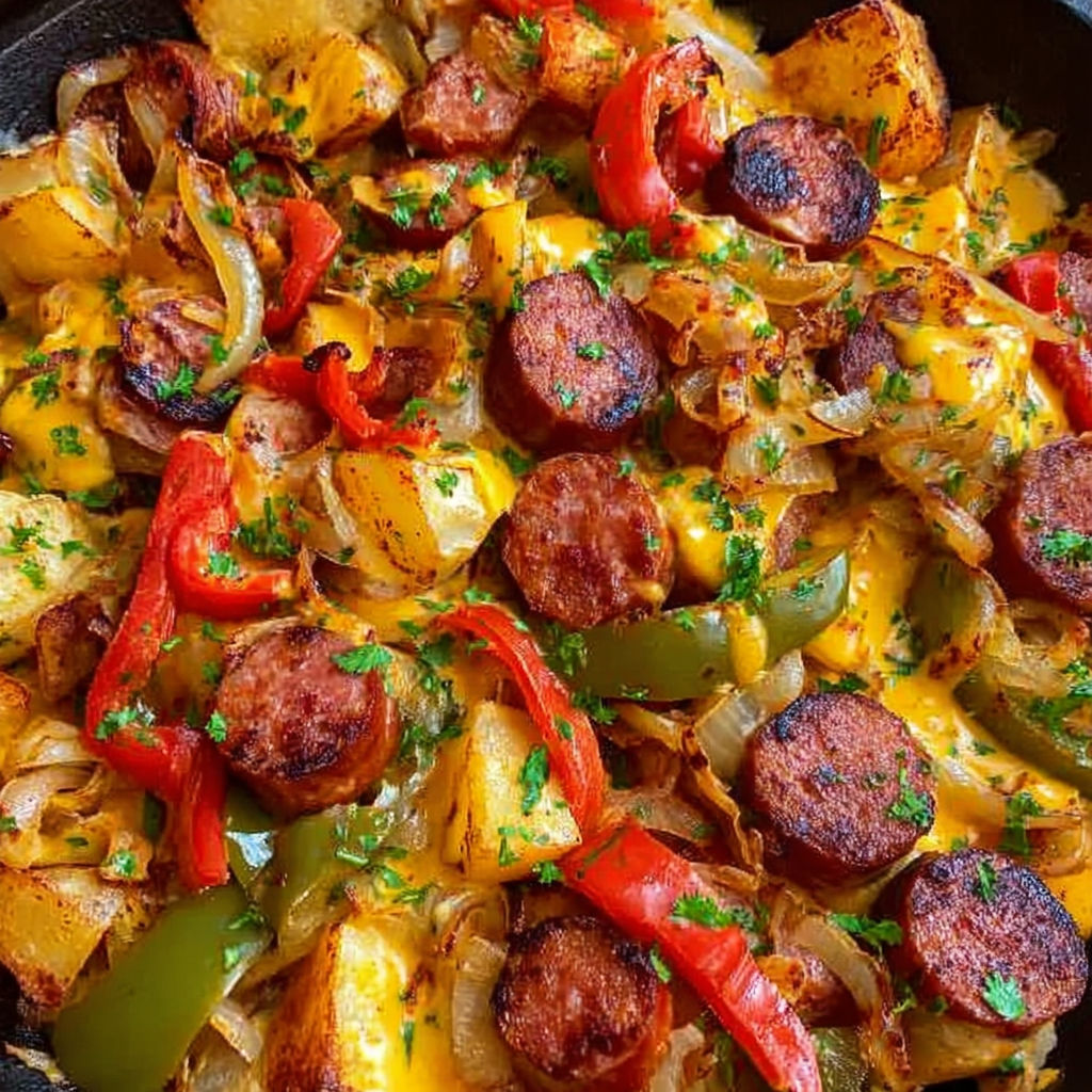 A delicious dish of sausage and onions in a skillet, likely a sausage and onion casserole.