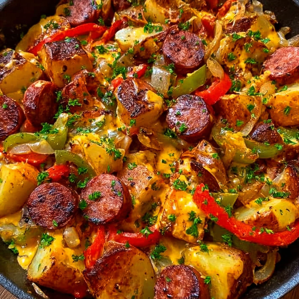 A delicious dish of sausage and potatoes with a generous amount of cheese, onions, and peppers.