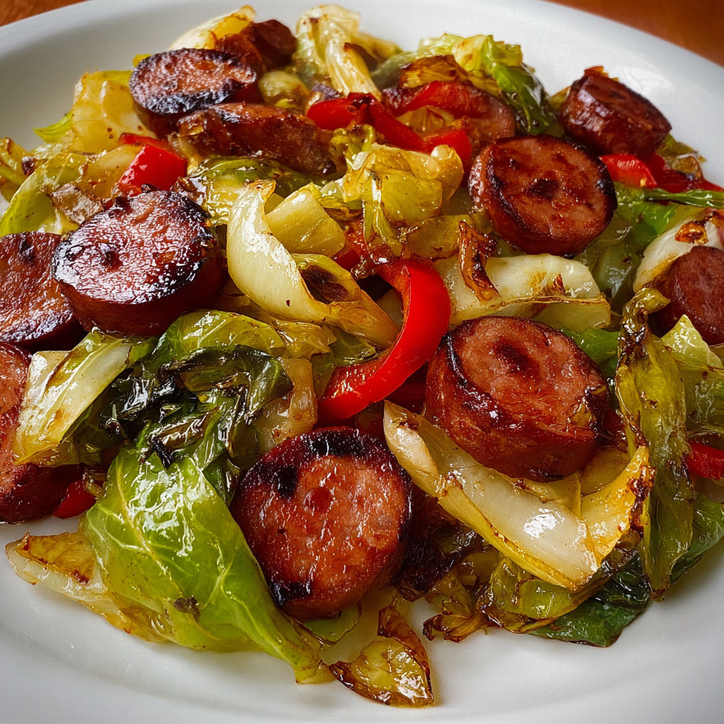 A plate of cabbage and kielbasa skillet, ready to be eaten.