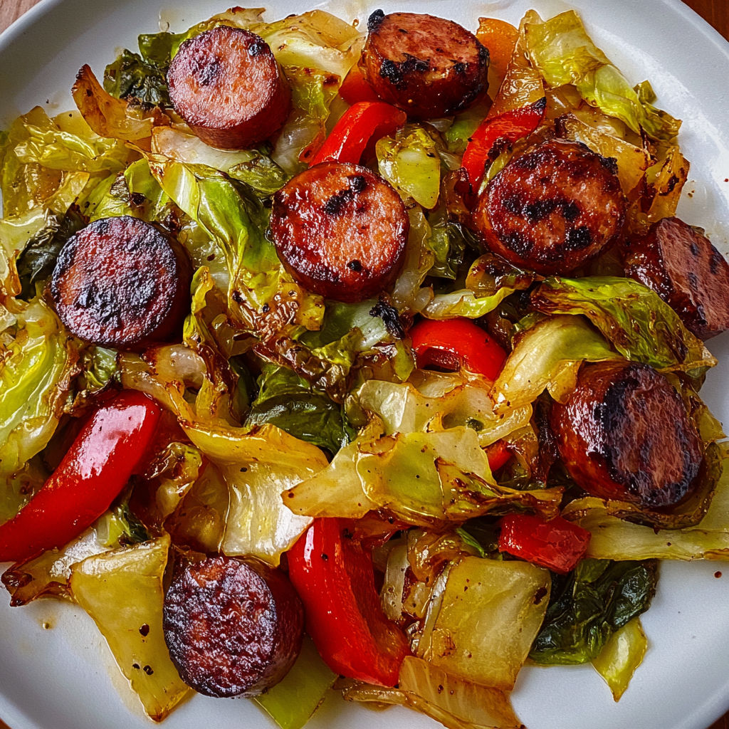 A plate of Cabbage and Kielbasa Skillet, featuring sausage, cabbage, and peppers, is ready to be enjoyed.