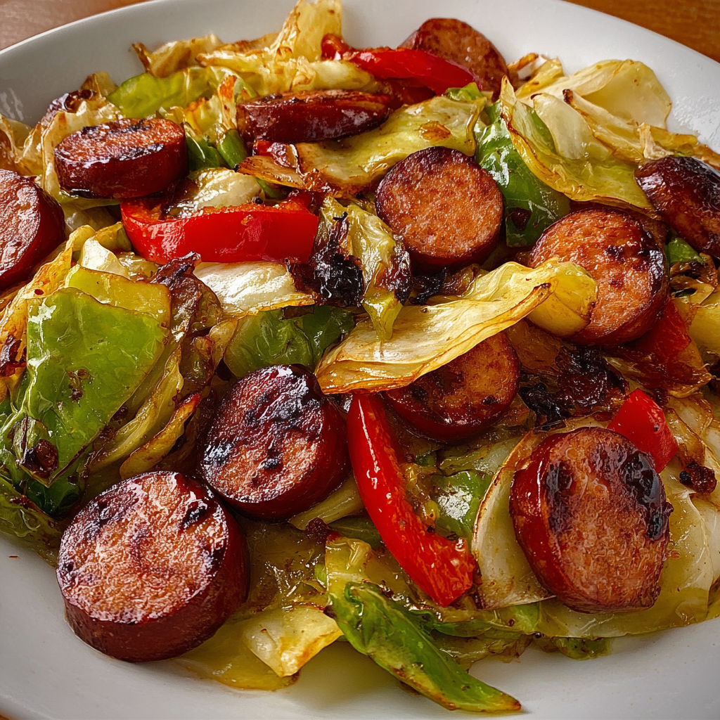 A delicious Cabbage and Kielbasa Skillet meal, served on a white plate.