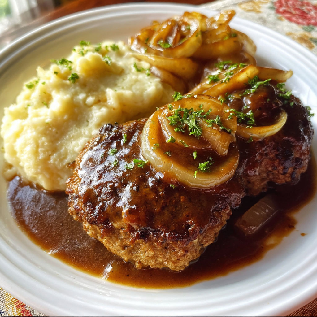 A plate of food with a salisbury steak recipe.