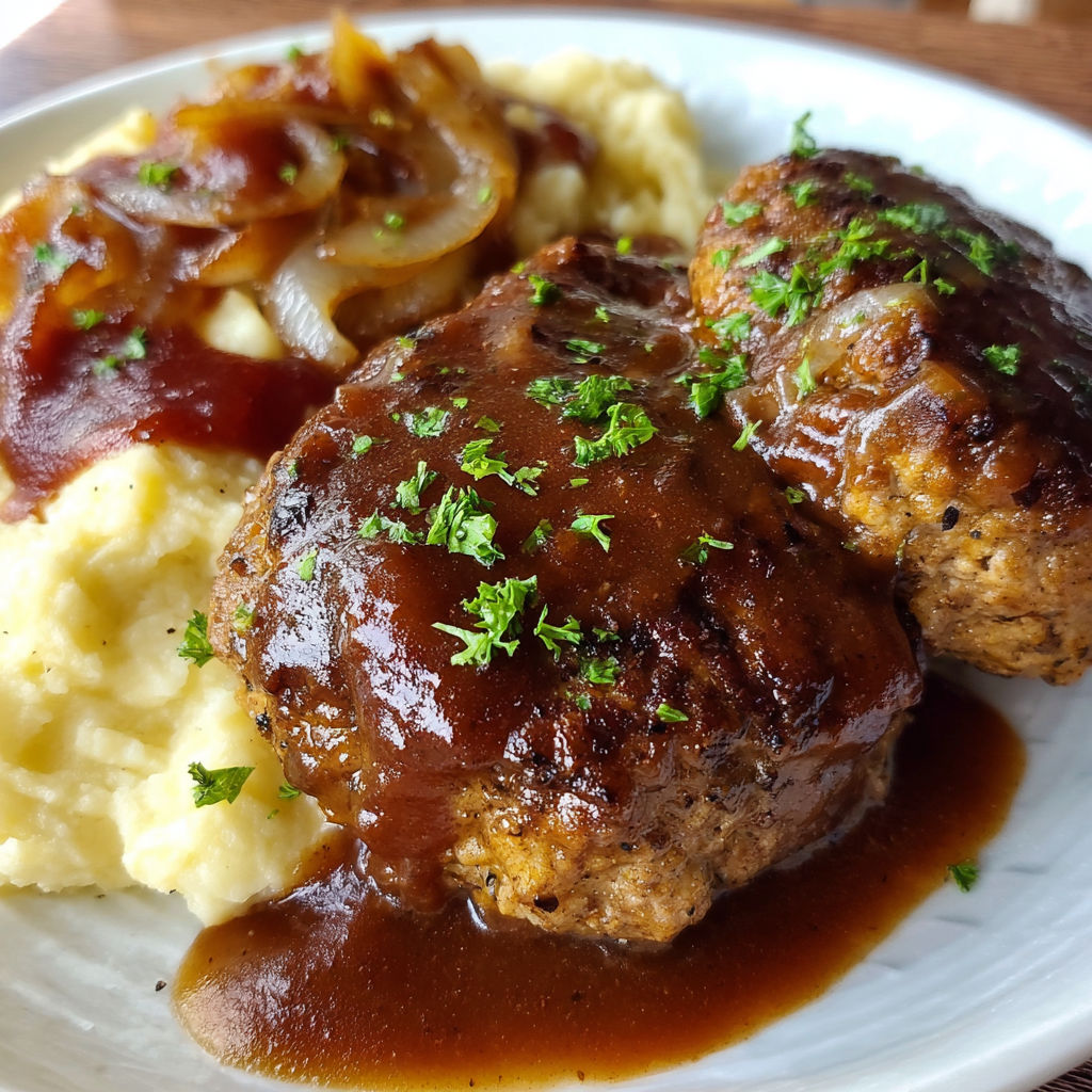 A plate of food with meat and potatoes, likely a Salisbury steak recipe.
