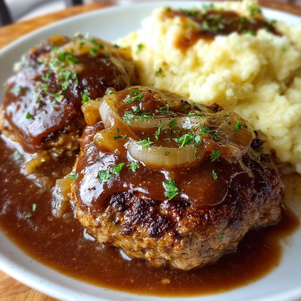 A plate of food with a salisbury steak recipe.