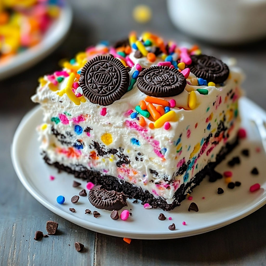 A slice of a No-Bake Funfetti Oreo Icebox Cake with chocolate and white icing.