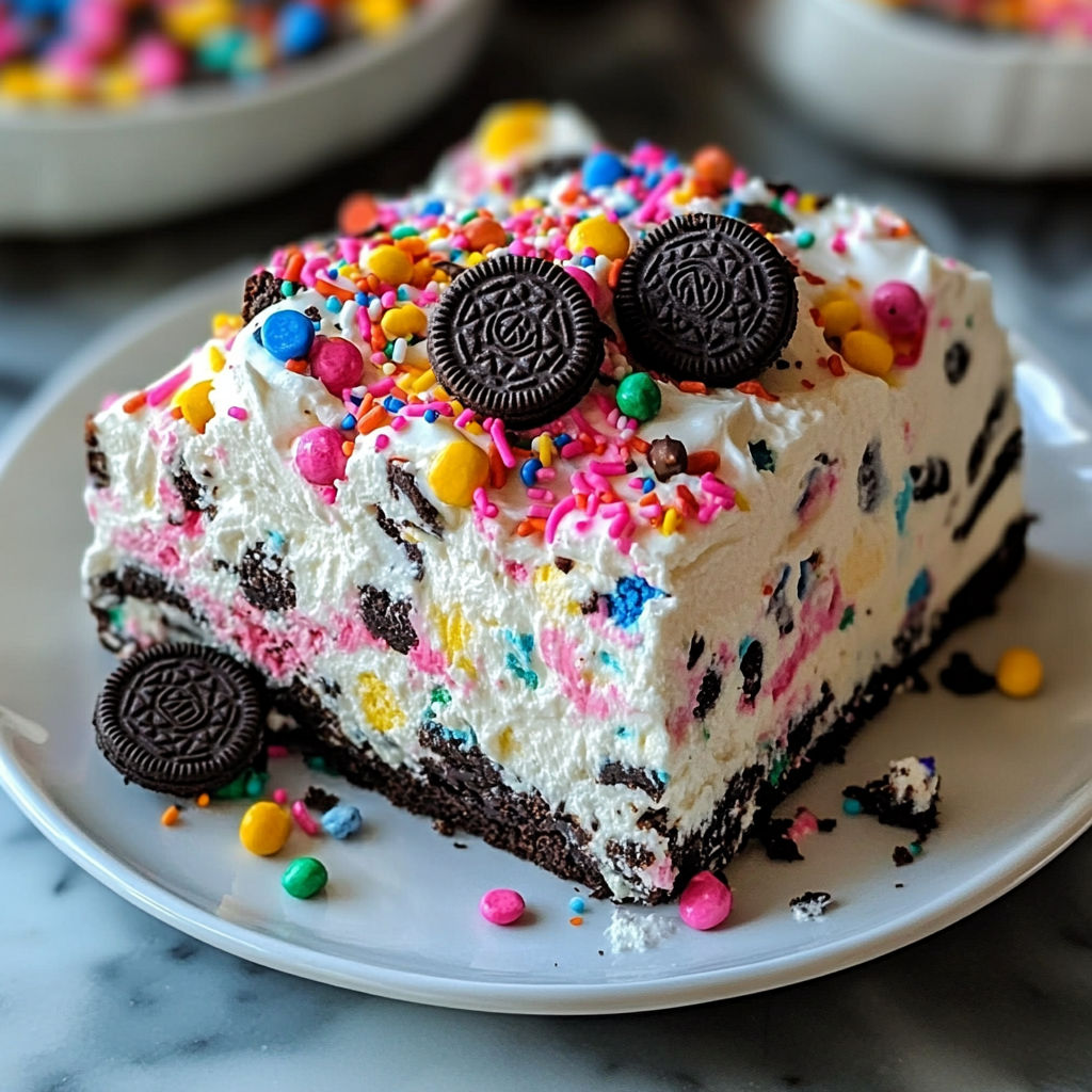 A slice of cake with chocolate and white frosting, topped with Oreo cookies and sprinkles.