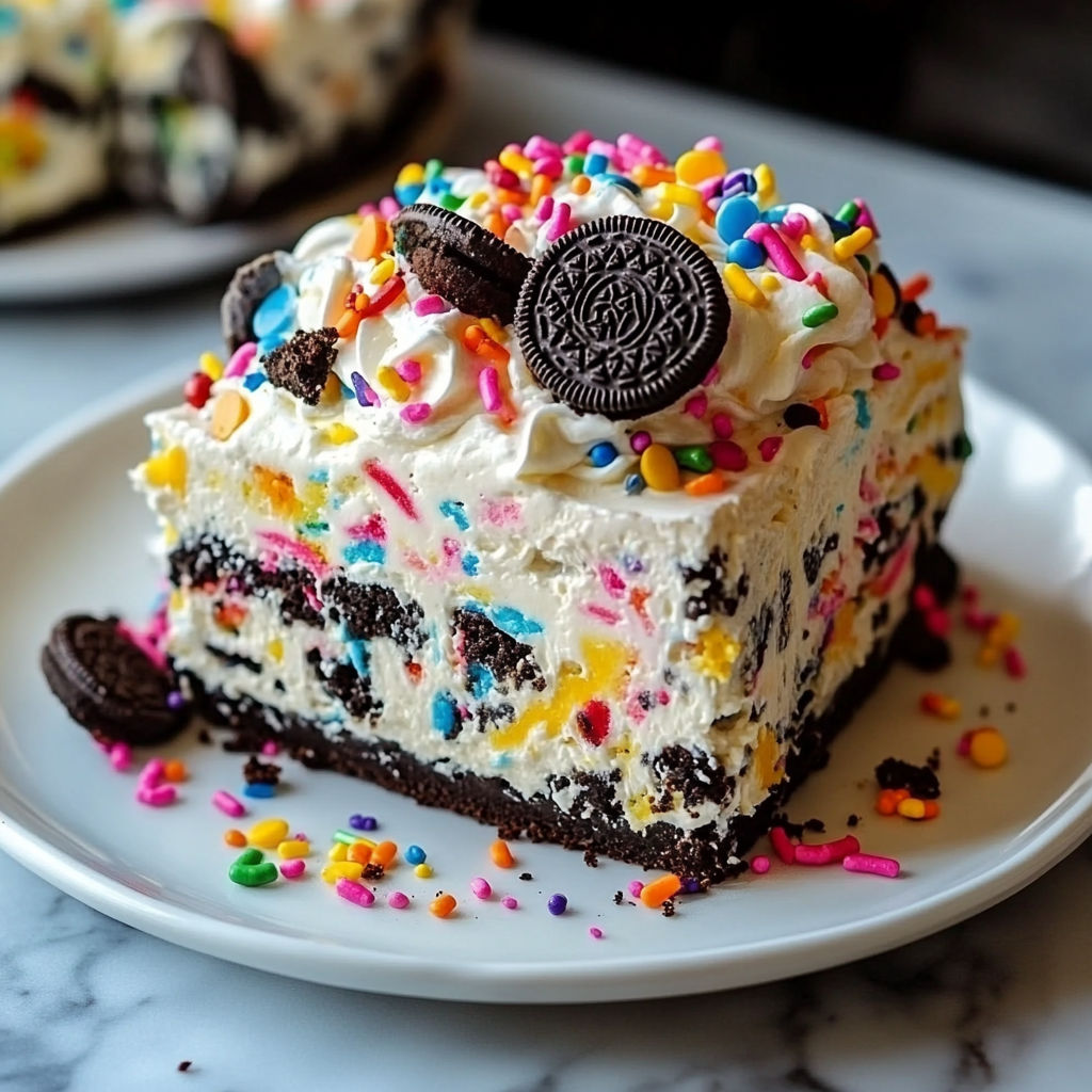 A slice of cake with chocolate and white frosting, topped with a cookie, sits on a plate.