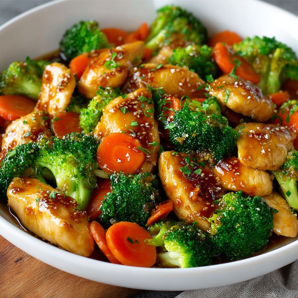 A delicious Honey Garlic Chicken Stir Fry is served in a white bowl, topped with a generous amount of broccoli and carrots.