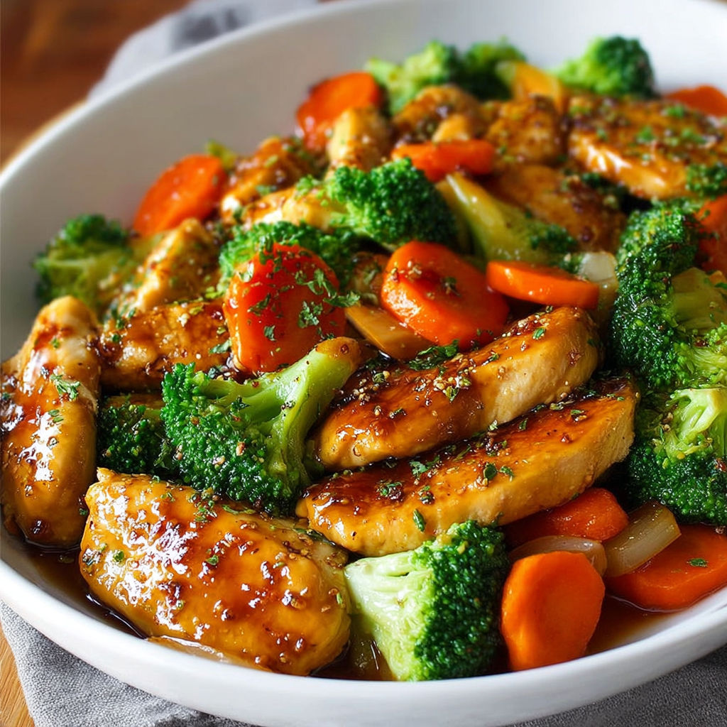 A delicious stir fry of chicken, broccoli, and carrots, cooked with a honey garlic sauce.