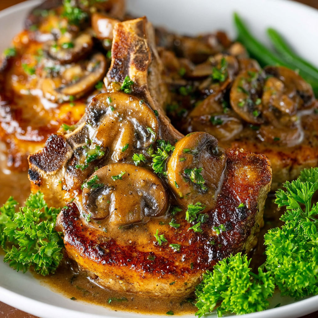 A delicious meal of pork chops with mushrooms and green beans, served in a white bowl.