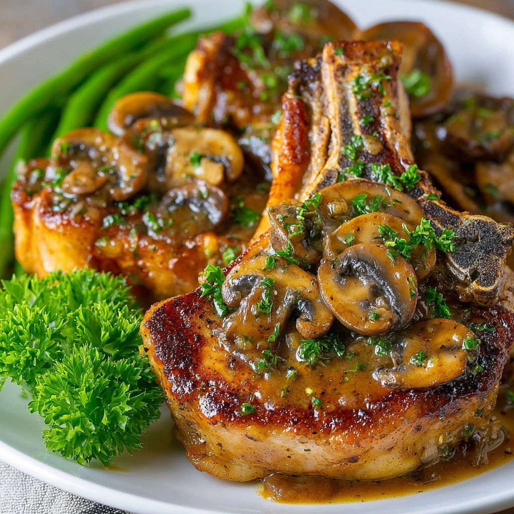 A delicious meal of pork chops with mushrooms and green beans, served in a white bowl.