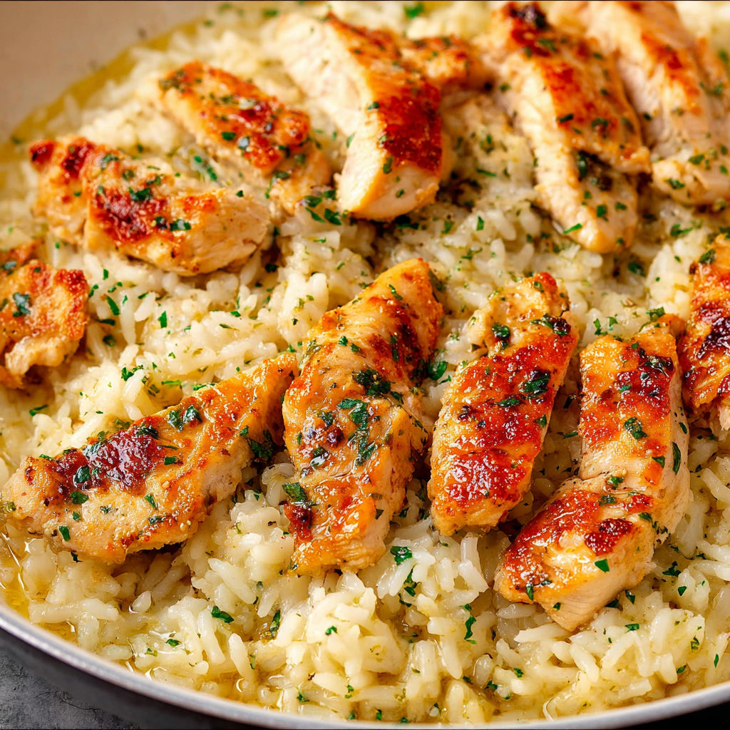 A plate of rice with chicken and herbs on top.