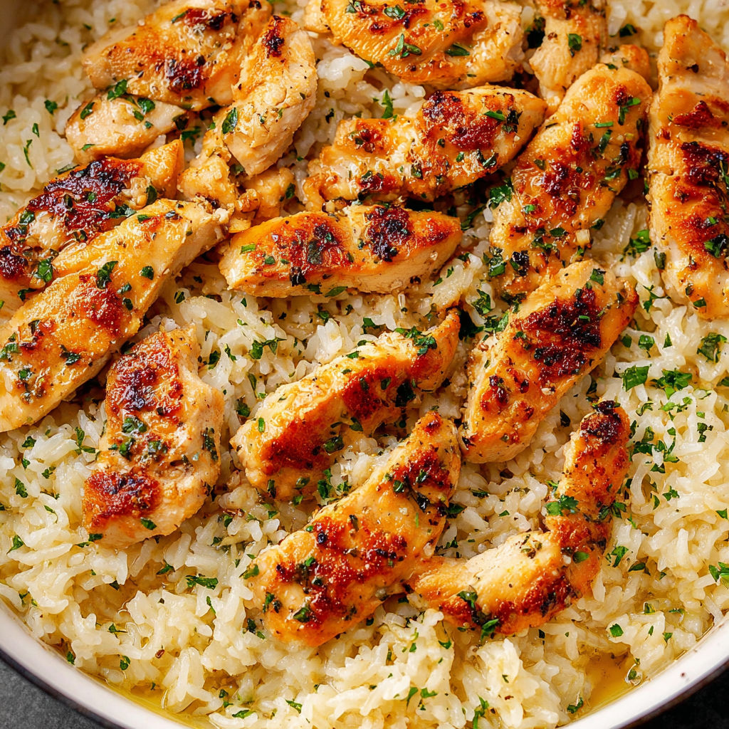 A bowl of rice with chicken and herbs on top.