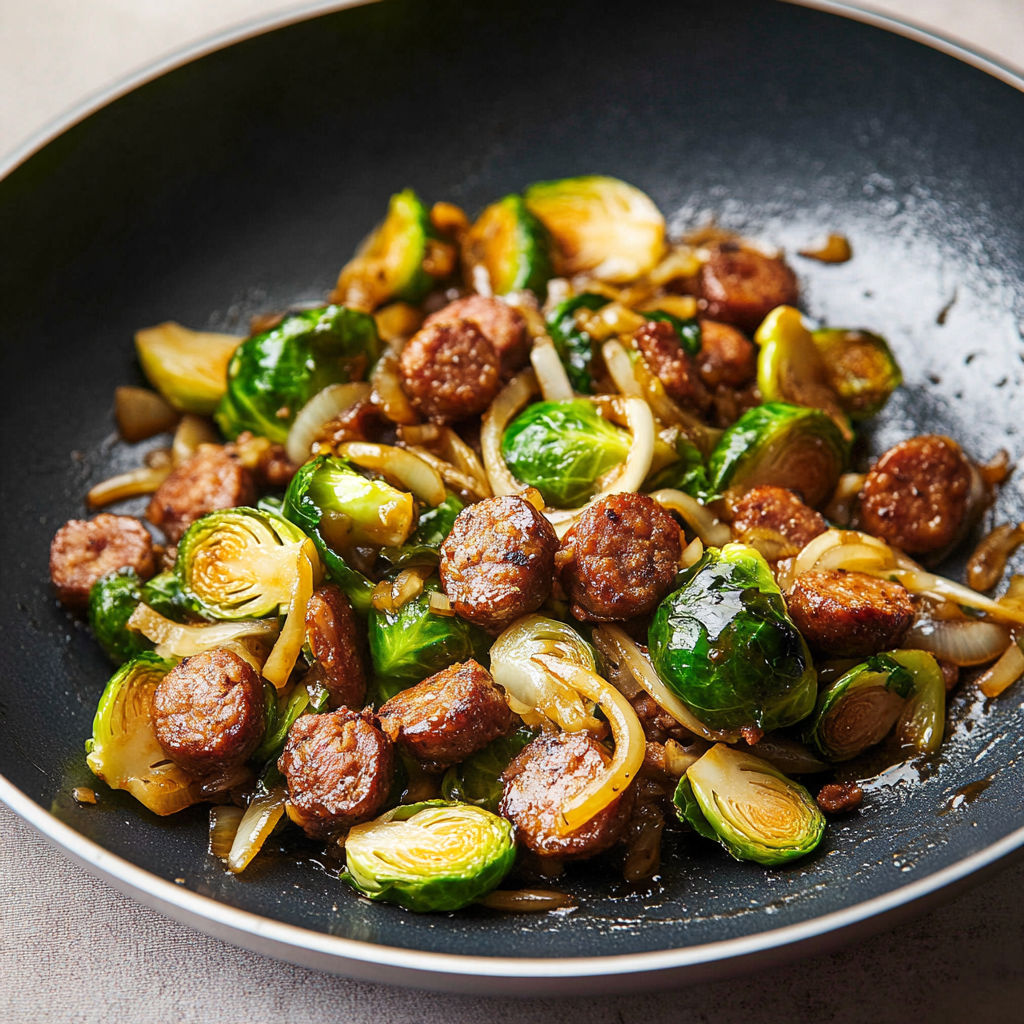 A plate of Five-Spice Brussels Sprouts and Sausage Stir-Fry.
