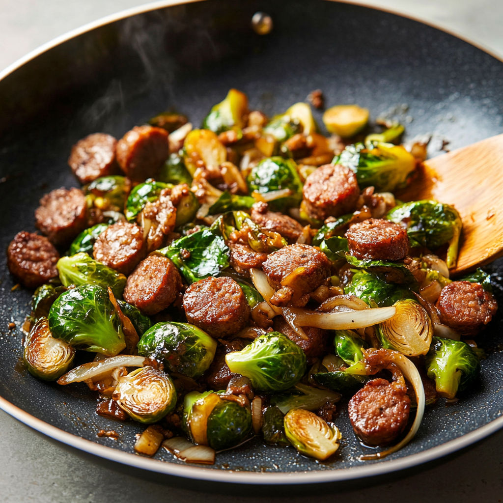 A delicious stir fry with sausage, onions, and brussels sprouts.