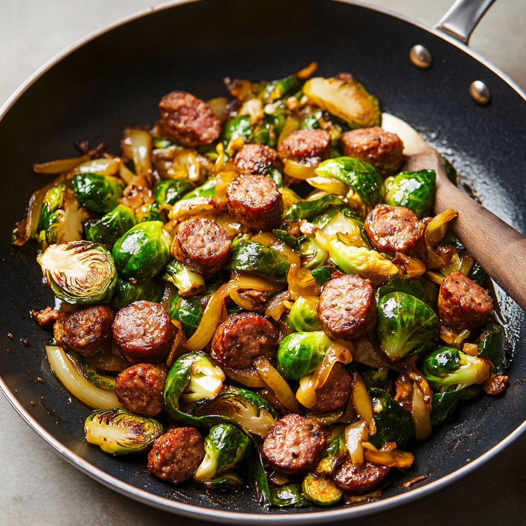 A pan of sausage and vegetables, including onions and brussels sprouts, is ready to be cooked.