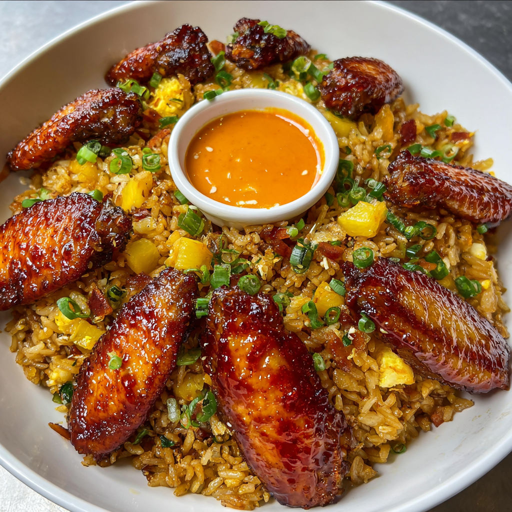 A plate of fried rice with bacon, pineapple, and jalapeños, topped with a spicy yum yum sauce.