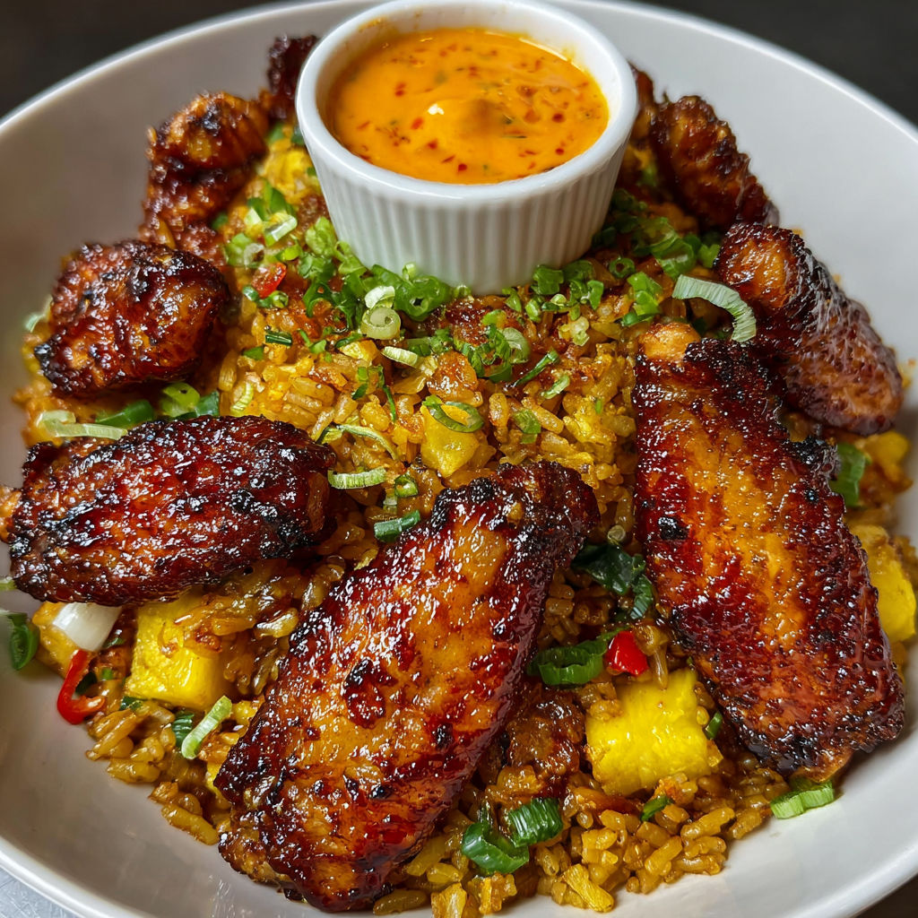 A plate of fried rice with chicken, bacon, and pineapple, topped with a spicy yum yum sauce.