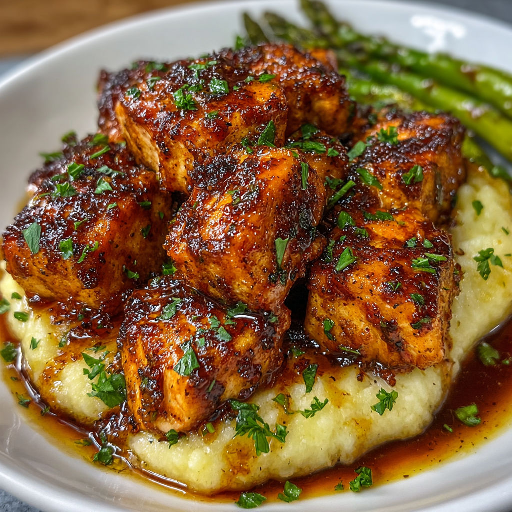 A plate of food with chicken, asparagus, and potatoes.