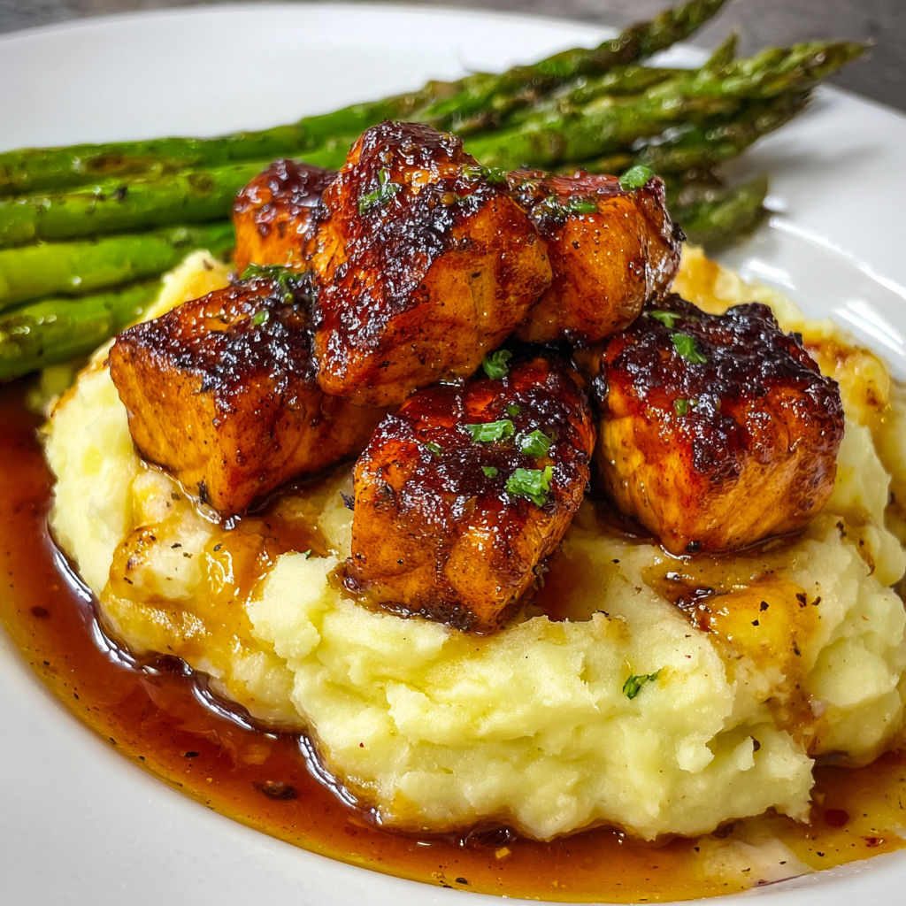 A plate of food with meat and potatoes, accompanied by asparagus.
