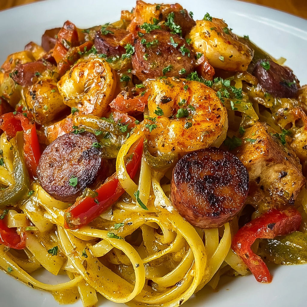 A plate of shrimp and pasta with a variety of vegetables.