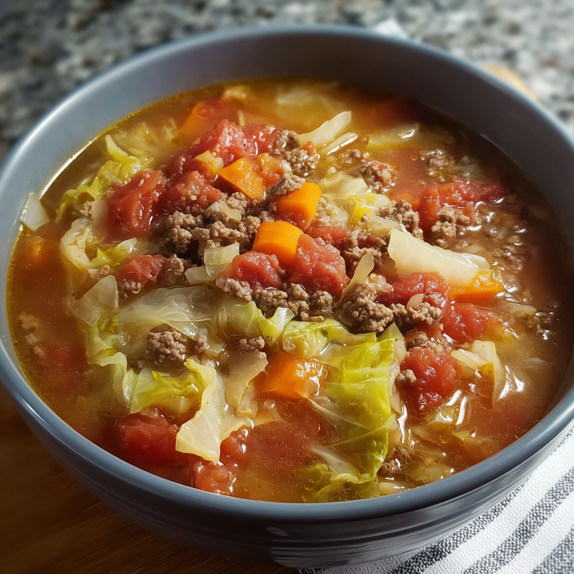 A bowl of soup containing cabbage and ground beef.