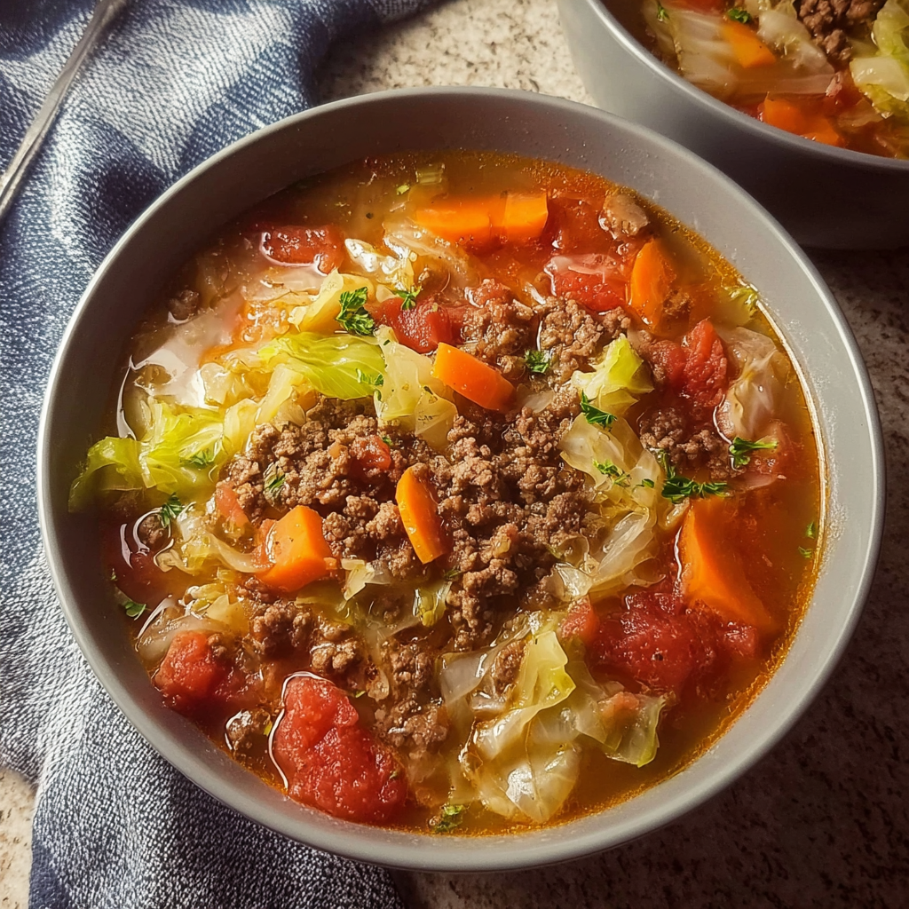 A bowl of soup with meat and vegetables, including carrots and cabbage, sits on a table.
