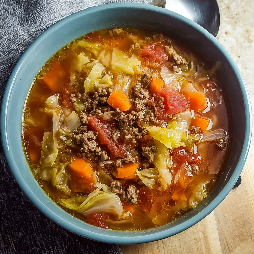 A bowl of soup with meat and vegetables, including carrots and cabbage, is placed on a dining table.