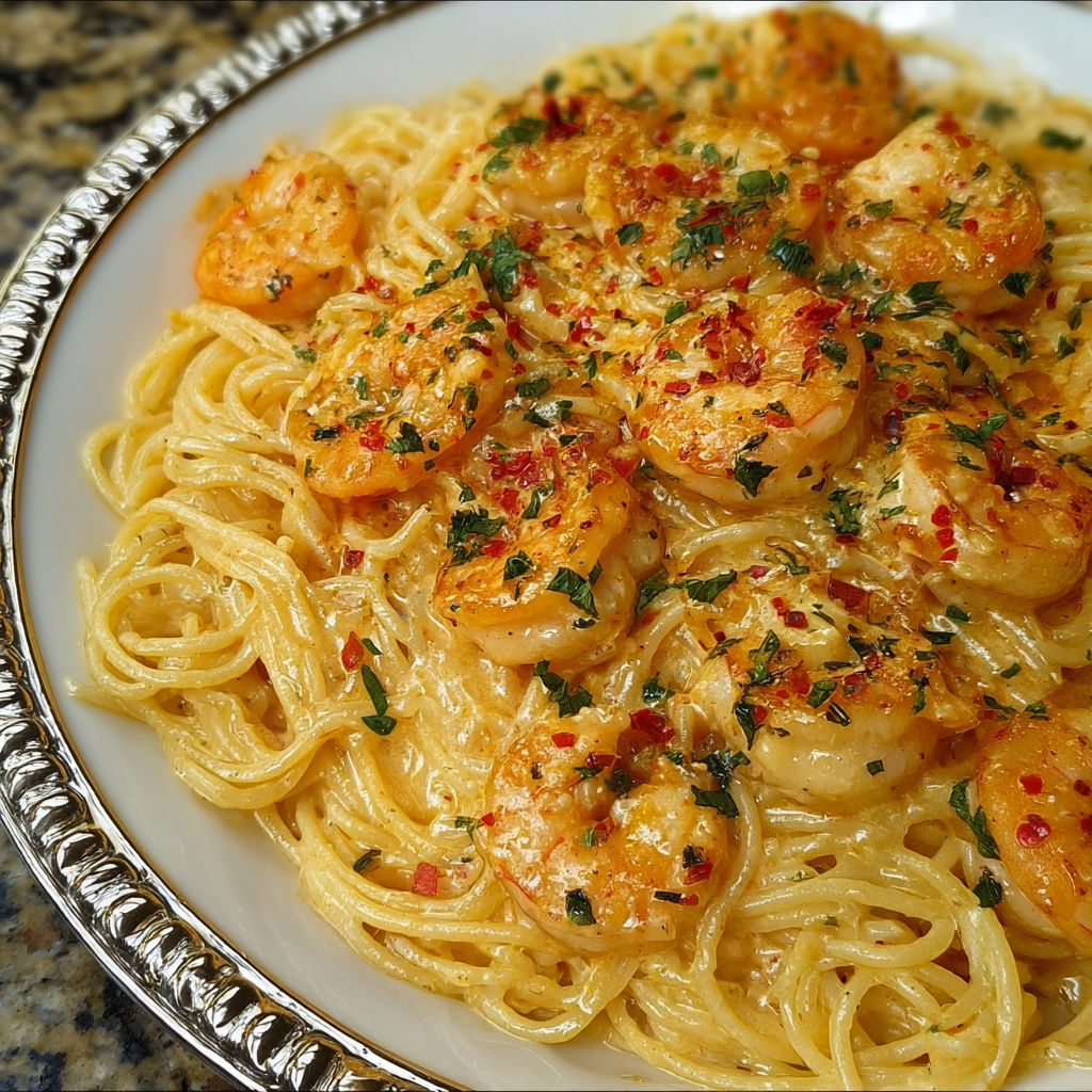 A plate of pasta with shrimp and spices on top.