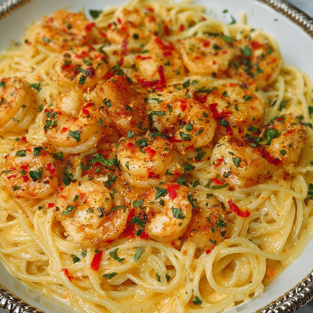 A delicious dish of Bang Bang Shrimp Pasta, featuring a generous amount of shrimp and spicy sauce, served in a bowl.