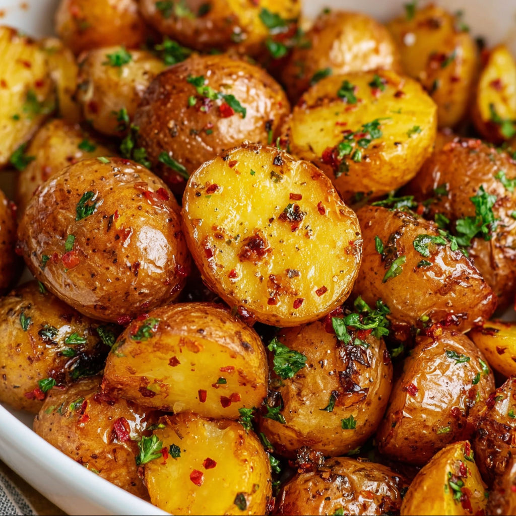 A bowl of potatoes with spices, including red pepper flakes, and herbs such as parsley and cilantro.