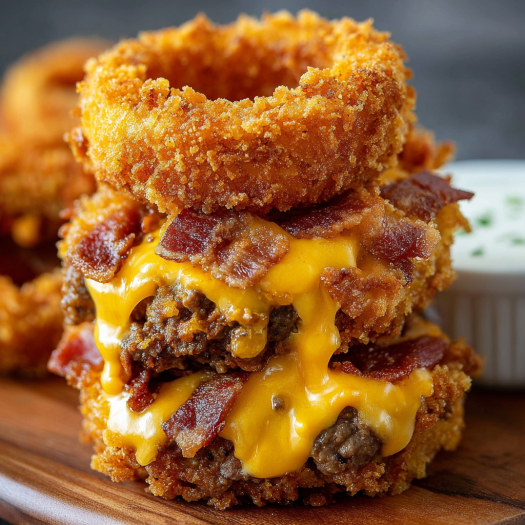 A delicious bacon cheeseburger with a side of ranch dressing.