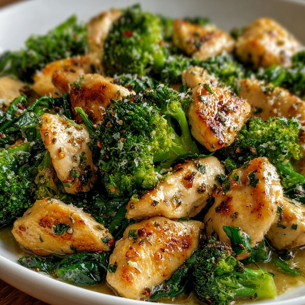 A plate of garlic chicken with broccoli and spinach.