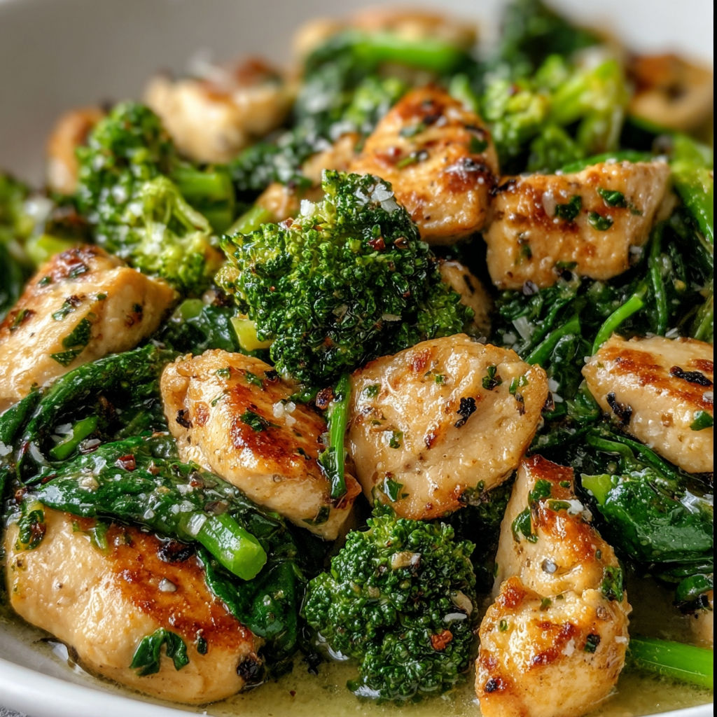 A delicious meal of Garlic Chicken with Broccoli and Spinach.