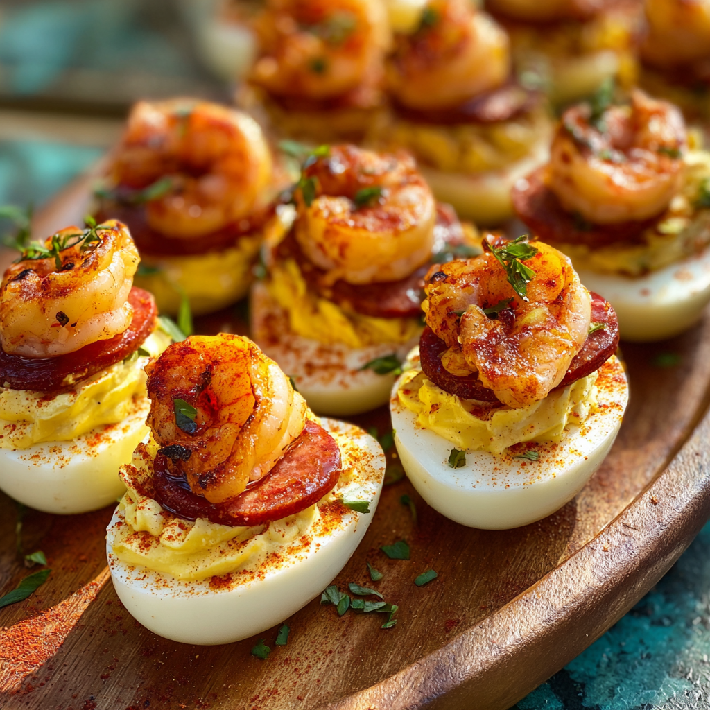 A wooden platter with a variety of shrimp and bacon-wrapped deviled eggs.