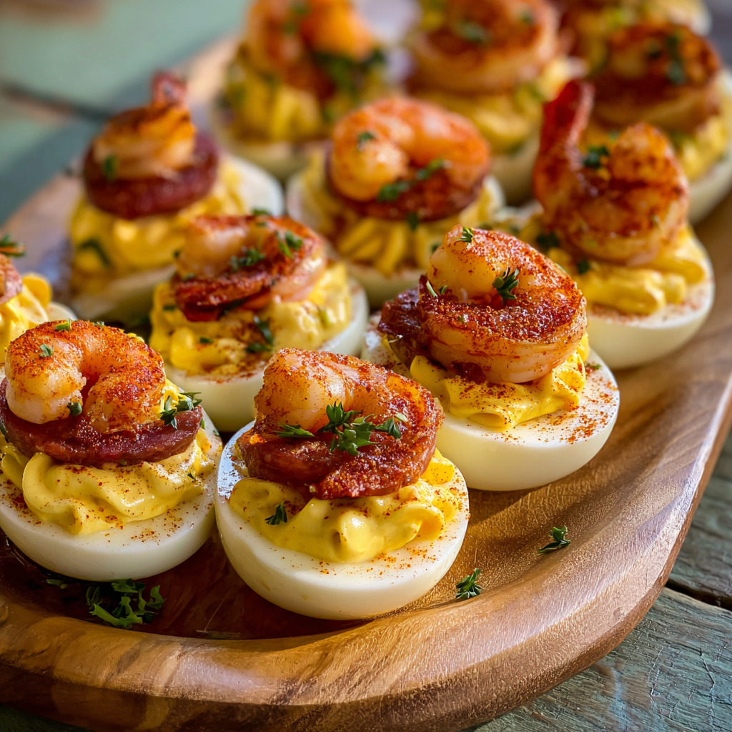 A wooden platter with a variety of food items, including shrimp, bacon, and eggs.